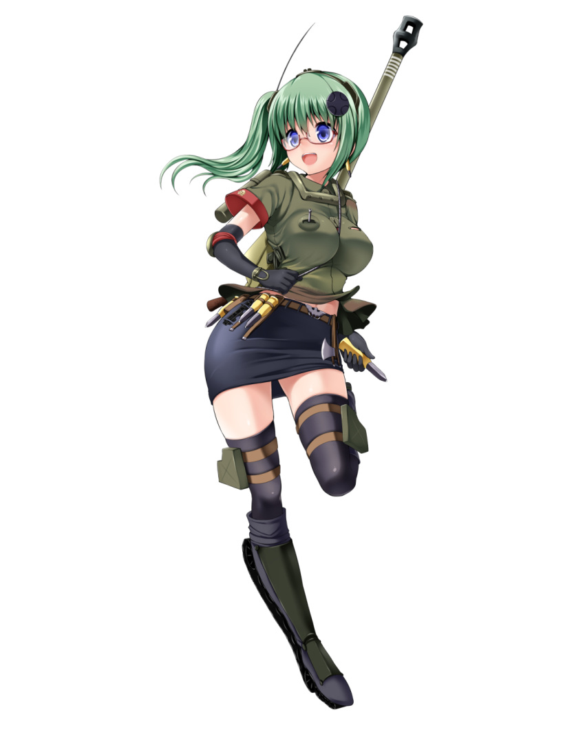 1girl black_gloves black_legwear blue_eyes blush boots breasts earrings elbow_gloves glasses gloves green_hair highres jagdpanther jewelry large_breasts miki_purasu military military_uniform miniskirt open_mouth original personification side_ponytail simple_background skirt smile solo tank_shell tank_turret thigh-highs uniform white_background zettai_ryouiki
