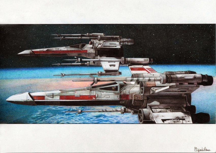 absurdres colored_pencil_(medium) highres letterboxed miyabi_asou planet realistic rebel_alliance science_fiction signature space space_craft star_wars starfighter t-65_x-wing traditional_media