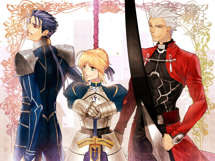 1girl 2boys ahoge archer blonde_hair blue_hair bow_(weapon) dark_skin dress fate/stay_night fate_(series) gae_bolg gauntlets hair_ribbon hands_on_hilt highres lancer mitsuki_mitsuno multiple_boys pauldrons polearm ponytail ribbon saber spear weapon white_hair