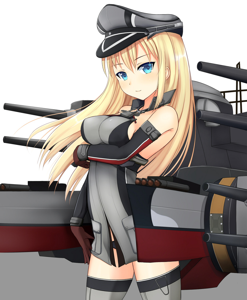 1girl bare_shoulders bismarck_(kantai_collection) blonde_hair blue_eyes blush breast_hold breasts brown_gloves detached_sleeves gloves grey_legwear hat highres kantai_collection kirimoti34 light_smile long_hair looking_at_viewer machinery peaked_cap solo turret
