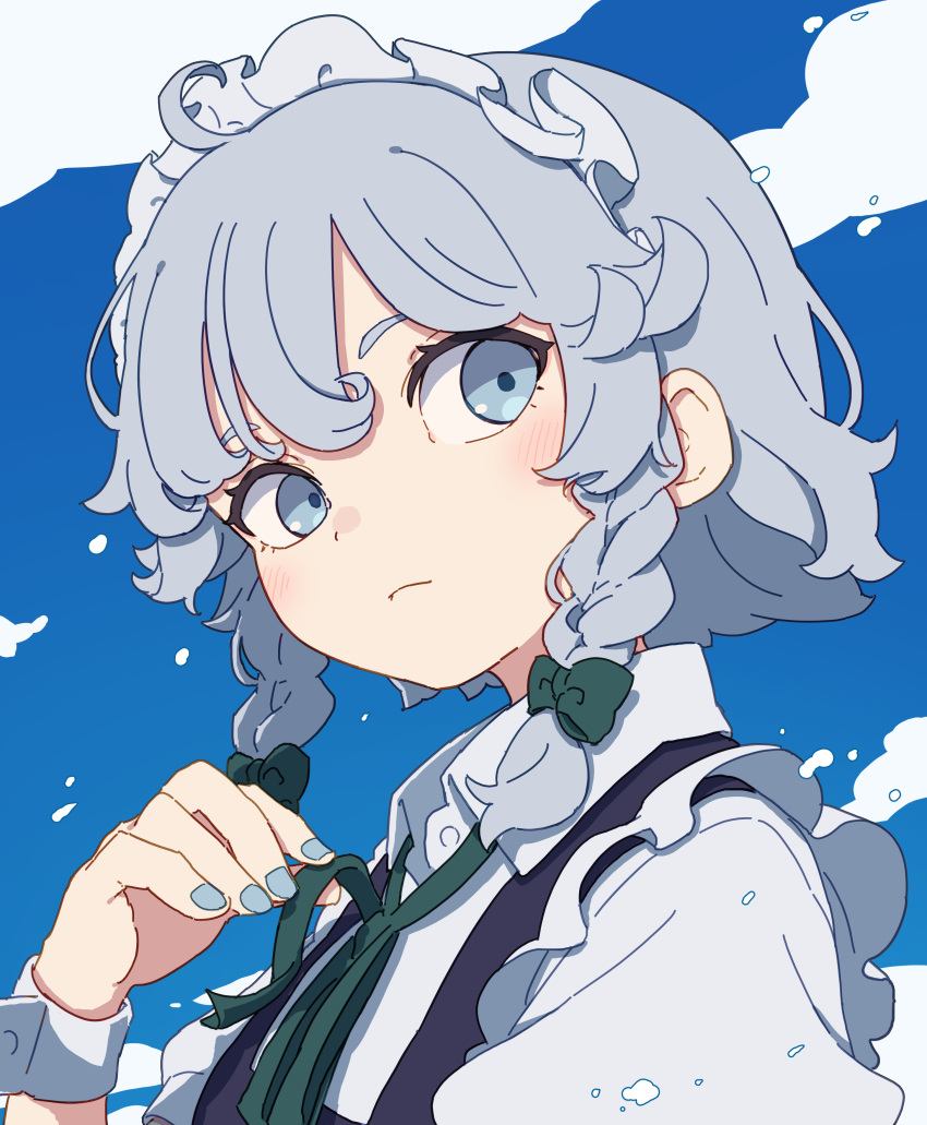 1girl absurdres apron black_apron blue_sky bow braid clouds collared_shirt commentary frilled_apron frilled_hairband frills green_bow green_ribbon grey_eyebrows grey_eyes grey_hair grey_nails hair_behind_ear hair_bow hairband highres izayoi_sakuya kame_(kamepan44231) light_blush light_frown light_particles looking_at_viewer loose_neck_ribbon multiple_hair_bows nail_polish neck_ribbon outdoors portrait puffy_short_sleeves puffy_sleeves ribbon shirt short_hair short_sleeves side_braids sky solo touhou untying wavy_hair white_shirt white_wrist_cuffs wrist_cuffs