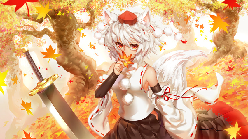 1girl animal_ears bobomaster bridal_gauntlets detached_sleeves hat highres inubashiri_momiji leaf looking_at_viewer maple_leaf red_eyes ribbon-trimmed_sleeves ribbon_trim short_hair smile solo sword tail tokin_hat touhou tree weapon white_hair wolf_ears wolf_tail