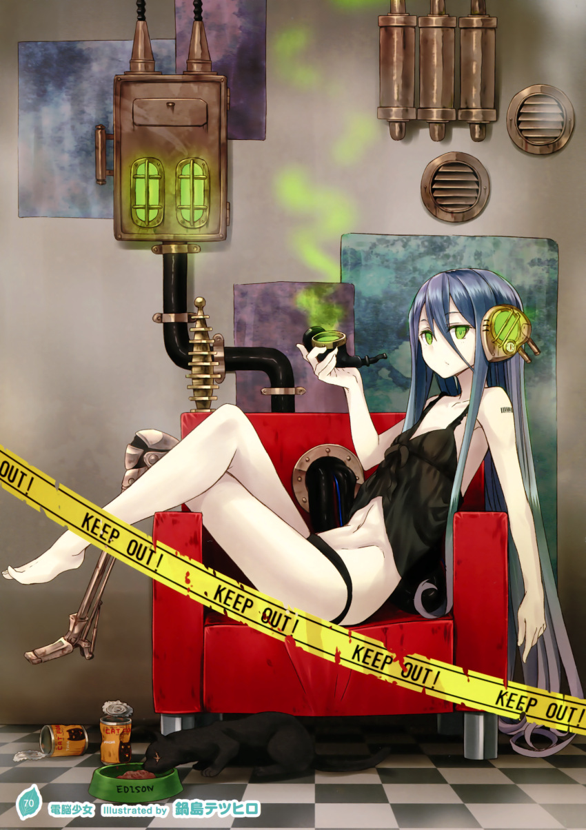 1girl absurdres android barcode bare_legs bare_shoulders barefoot black_panties blue_hair cable can cat caution_tape chair flat_chest green_eyes hair_between_eyes headgear highres lingerie long_hair looking_at_viewer lowleg lowleg_panties lying navel negligee panties payot pipe robotic_legs scar solo underwear very_long_hair