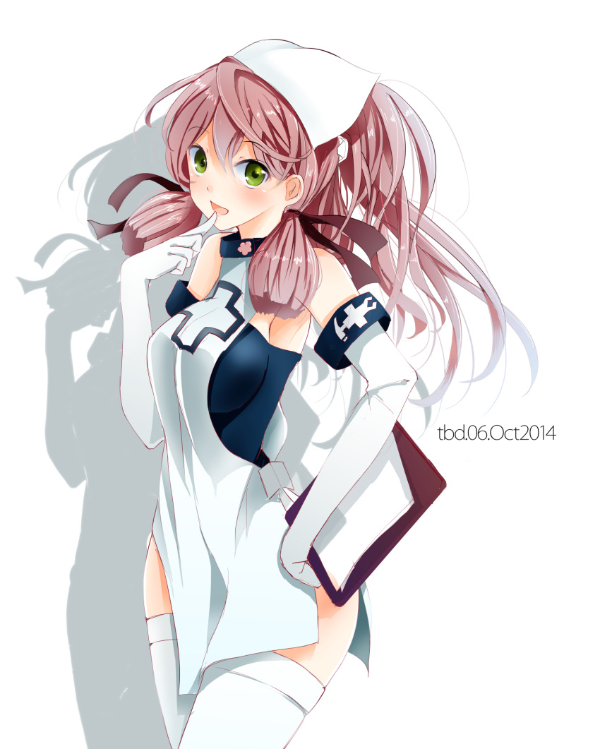 1girl akashi_(kantai_collection) alternate_costume artist_name bare_shoulders blush breasts clipboard cowboy_shot dated elbow_gloves finger_to_mouth gloves green_eyes hair_ribbon hand_on_hip highres hips kantai_collection long_hair looking_at_viewer payot pink_hair ribbon solo tbd11 thigh-highs white_background white_gloves white_legwear