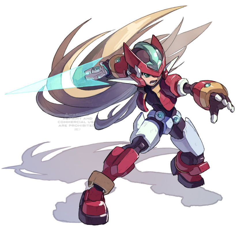 1boy android blonde_hair closed_mouth energy_sword fighting_stance gloves green_eyes helmet highres holding long_hair male_focus mega_man_(series) mega_man_zx open_mouth robot_ears simple_background solo sword tanaka_(is2_p) vent weapon white_background white_gloves