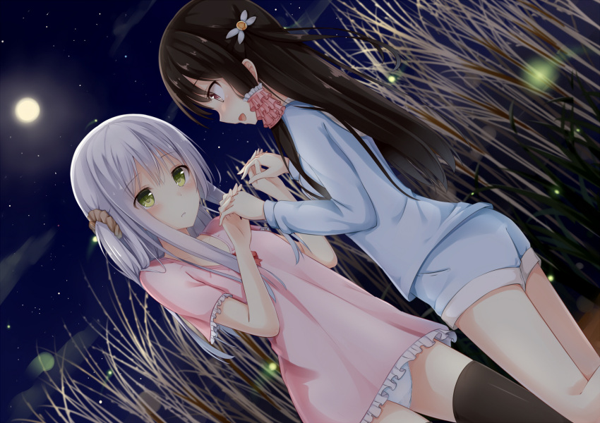 2girls blush brown_hair eye_contact green_eyes hair_ornament hair_tubes highres holding_hands long_hair looking_at_another moon multiple_girls night night_sky no_pants open_mouth original pajamas panties parted_lips payot pink_eyes scrunchie short_twintails silver_hair sky star_(sky) tsuchikure_(3105mitoko) twintails underwear white_panties