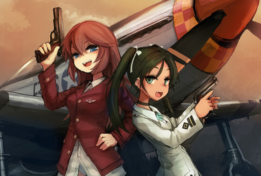 2girls blue_eyes breasts charlotte_e_yeager choker fang francesca_lucchini green_eyes green_hair gun hand_on_hip handgun long_hair m1911 military military_uniform multiple_girls noconol open_mouth orange_hair p-51_mustang strike_witches traditional_media trigger_discipline twintails uniform weapon