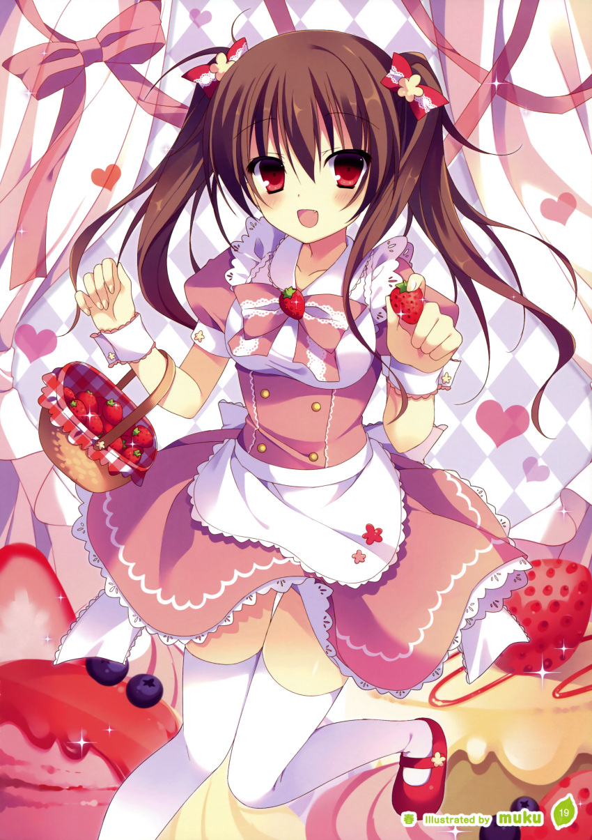 1girl :d absurdres basket breasts brown_hair cake checkered checkered_background dress food fruit highres open_mouth ribbon ringonotane smile strawberry thigh-highs twintails white_legwear