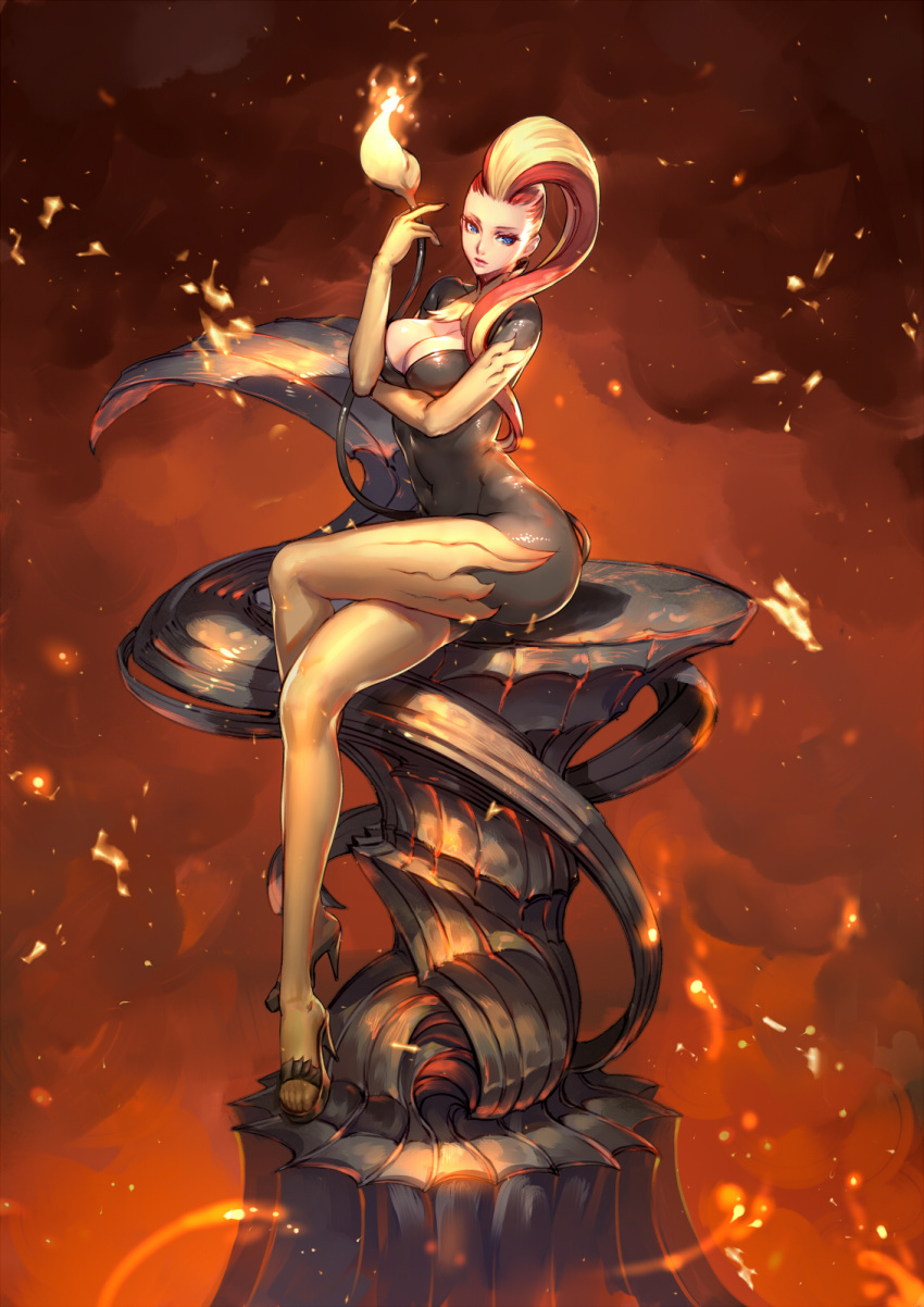 1girl blonde_hair blue_eyes bodysuit breasts cleavage cleavage_cutout covered_navel crossed_legs elbow_gloves error flame gloves high_heels highres hips lips long_legs mohawk multicolored_hair original personification pokemon pyroar redhead revision ryushin sitting skin_tight solo tail thigh-highs wrong_feet