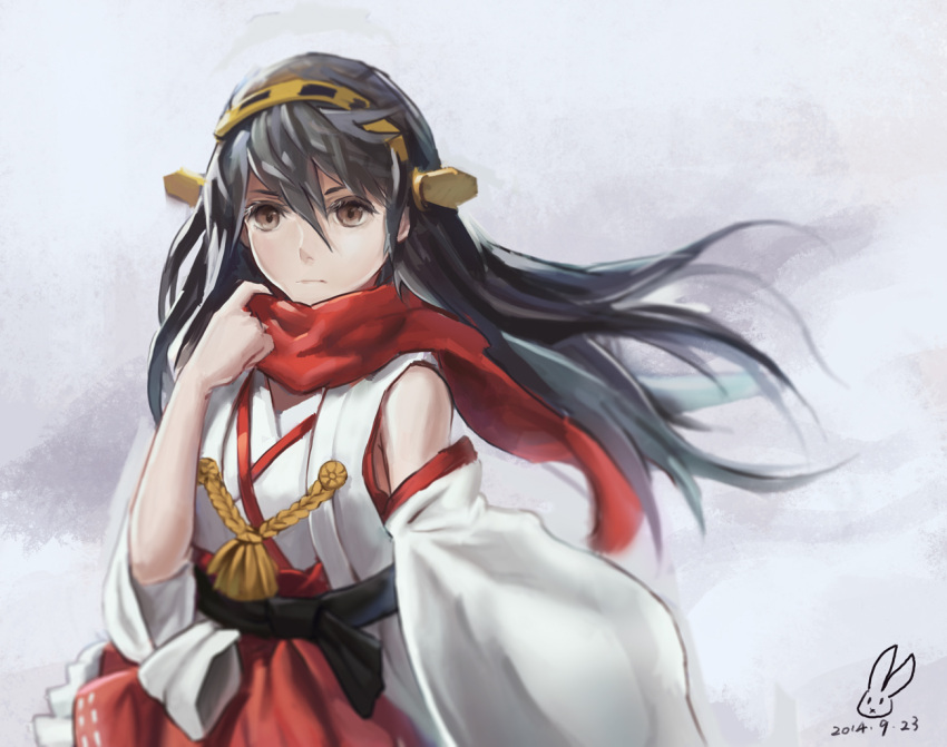 1girl adjusting_scarf bare_shoulders blurry brown_eyes dated depth_of_field detached_sleeves grey_hair hairband haruna_(kantai_collection) headgear japanese_clothes kantai_collection kirigaku_luo long_hair nontraditional_miko pleated_skirt red_scarf red_skirt scarf skirt solo