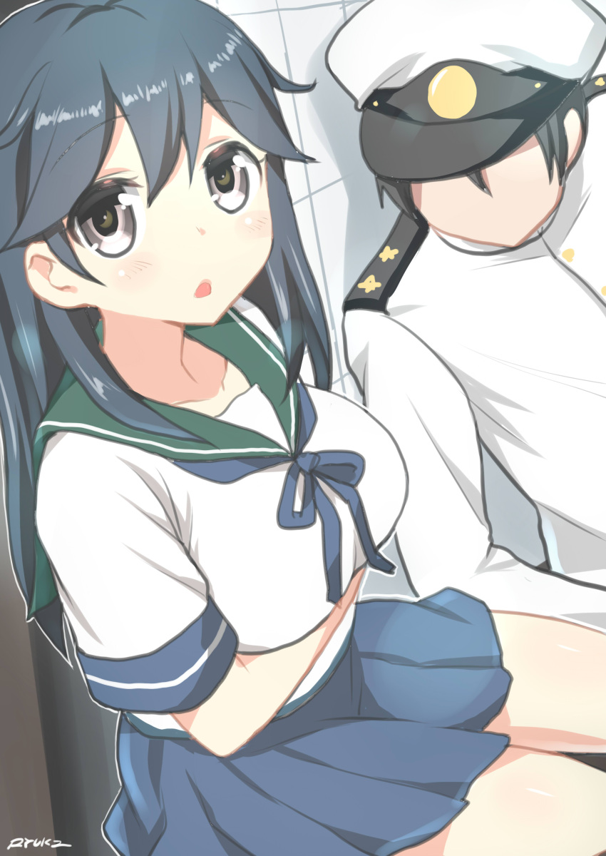 1boy 1girl absurdres admiral_(kancolle) black_hair blue_hair blue_neckwear blue_skirt breast_hold breasts faceless faceless_male green_sailor_collar hat highres kantai_collection large_breasts looking_at_breasts looking_at_viewer military military_uniform miniskirt mismatched_sailor_collar neckerchief open_mouth pleated_skirt ryuki_(ryukisukune) sailor_collar school_uniform serafuku shirt single_horizontal_stripe skirt uniform ushio_(kancolle) white_shirt