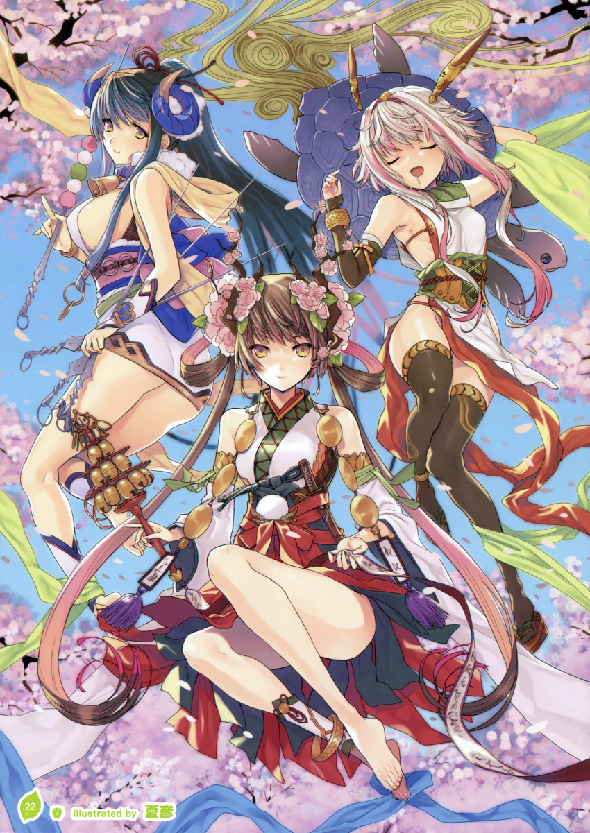3girls :d absurdres anklet ass bare_shoulders barefoot bell bell_collar black_hair black_legwear brown_eyes brown_hair cherry_blossoms closed_eyes collar dagger dango detached_sleeves dress drooling flower food hair_flower hair_ornament highres hikimayu horns huge_filesize jewelry jingle_bell kagura_suzu long_hair multiple_girls no_panties obi open_mouth petals pink_hair ponytail sash scarf short_dress short_hair_with_long_locks smile thigh-highs turtle twintails very_long_hair wagashi weapon wide_sleeves yellow_eyes