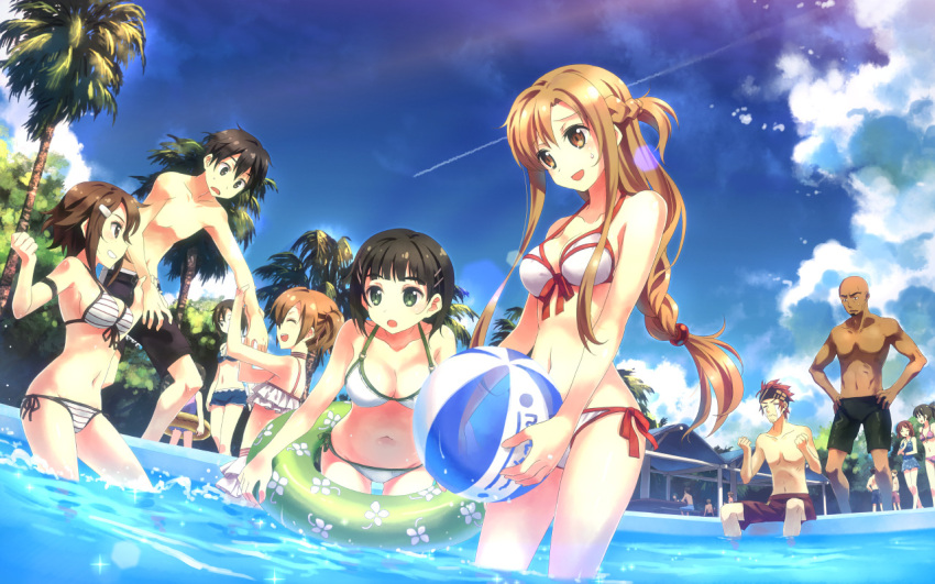 3boys 4girls agil asuna_(sao) bald ball bandana bare_shoulders beachball bikini black_eyes black_hair blush braid breasts brown_eyes brown_hair cleavage closed_eyes dark_skin facial_hair goatee green_eyes hair_ornament hairclip innertube kirigaya_suguha kirito klein large_breasts lisbeth long_hair midriff multiple_boys multiple_girls navel open_mouth pool red_eyes short_hair shorts side-tie_bikini silica single_braid sitting smile standing swimsuit sword_art_online tears twintails wading wet wrist_grab yuuki_asuna yuuki_tatsuya