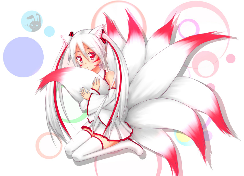1girl animal_ears beta_x detached_sleeves facial_mark fox_ears fox_tail hair_ornament hatsune_miku highres kemonomimi_mode long_hair looking_at_viewer multicolored_hair multiple_tails pleated_skirt red_eyes sitting skirt smile solo tail tail_hug thigh-highs twintails two-tone_hair vocaloid wariza white_hair white_legwear zettai_ryouiki