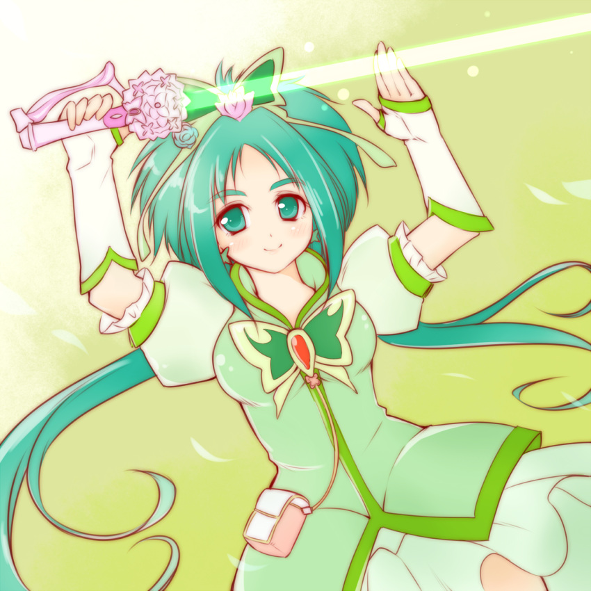 1girl akimoto_komachi arakawa_tarou blush cure_mint earrings eyelashes fingerless_gloves gloves green green_background green_eyes green_hair happy highres jewelry long_hair looking_at_viewer magical_girl precure puffy_sleeves shirt skirt smile solo vest yes!_precure_5 yes!_precure_5_gogo!
