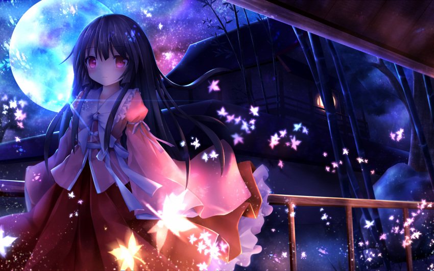 1girl arm_ribbon bamboo black_hair blouse bow expressionless full_moon furomaaju_(fromage) glowing highres hime_cut houraisan_kaguya leaf long_hair long_sleeves looking_at_viewer maple_leaf moon night night_sky outdoors railing red_eyes skirt sky sleeves_past_wrists solo standing touhou