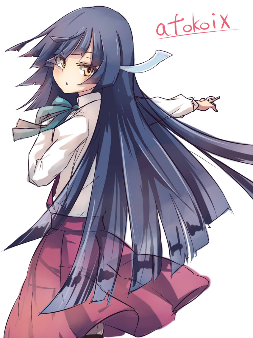 1girl artist_name black_hair blush bowtie brown_eyes cowboy_shot hair_ribbon hand_on_own_chest hayashimo_(kantai_collection) highres kantai_collection long_hair looking_at_viewer looking_back parted_lips pleated_skirt purple_skirt ribbon school_uniform simple_background skirt solo tokoi white_background