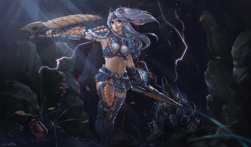 1girl absurdres armor artist_name blue_eyes character_request eyelashes giraffe_(artist) highres long_hair midriff monster_hunter serious signature solo tagme weapon