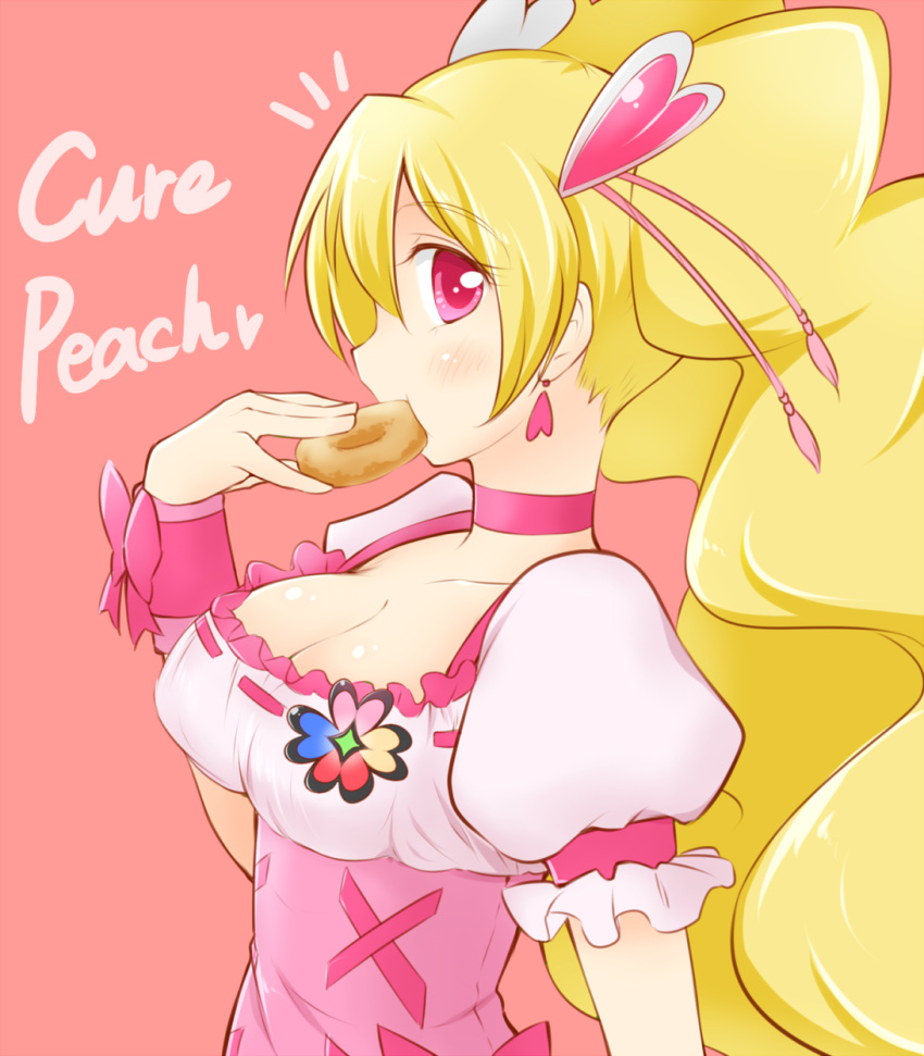 1girl arakawa_tarou blonde_hair blush character_name choker cure_peach dress earrings eating english fresh_precure! hair_ornament highres jewelry long_hair looking_at_viewer magical_girl momozono_love pink_dress pink_eyes precure puffy_sleeves red_background simple_background solo twintails