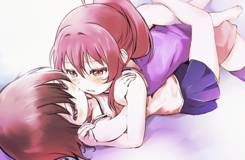 2girls ahoge baka_neko bare_shoulders black_hair blush brown_eyes camisole funami_yui girl_on_top hair_between_eyes hair_intakes hand_on_another's_shoulder kiss leg_hug long_hair lying multiple_girls on_back open_mouth ponytail purple_hair short_hair short_sleeves shorts skirt sugiura_ayano violet_eyes yuri yuru_yuri