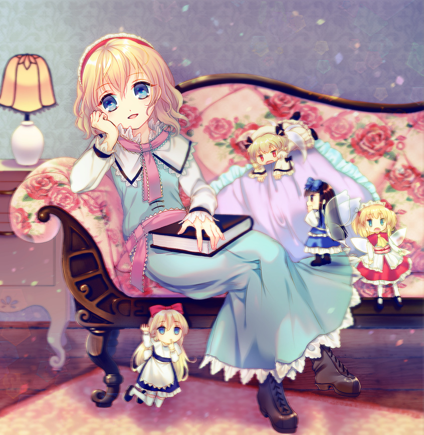 4girls alice_margatroid amo apron arm_support ascot blonde_hair blue_dress blue_eyes book boots bow brown_eyes brown_hair capelet couch dress fairy fairy_wings floral_print grimoire hair_bow hairband hat highres long_sleeves luna_child minigirl multiple_girls open_mouth pillow red_dress red_eyes sash shanghai_doll sitting star_sapphire sunny_milk touhou waist_apron wings