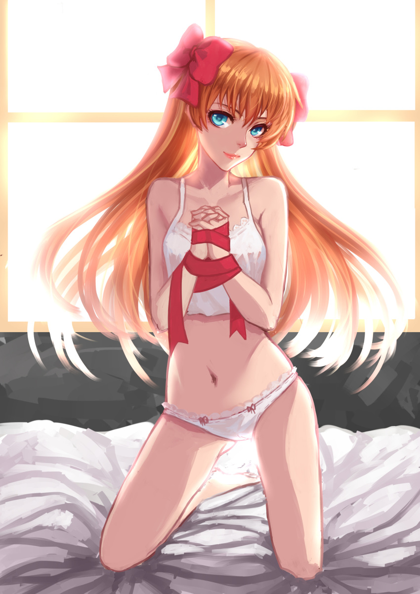 1girl absurdres backlighting bare_arms bare_shoulders blue_eyes bow chemise collarbone come_hither douyougen hair_bow hands_clasped highres interlocked_fingers kneeling light_brown_hair lips long_hair looking_at_viewer navel neon_genesis_evangelion panties rebuild_of_evangelion ribbon shikinami_asuka_langley solo souryuu_asuka_langley tied_up underwear underwear_only very_long_hair white_panties window