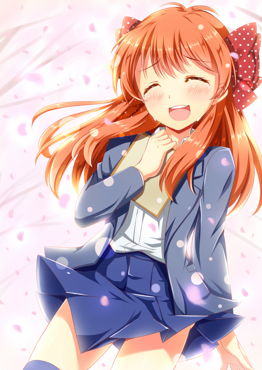 1girl akine_(kuroyuri) bow closed_eyes gekkan_shoujo_nozaki-kun hair_bow highres long_hair orange_hair polka_dot polka_dot_bow sakura_chiyo school_uniform tears