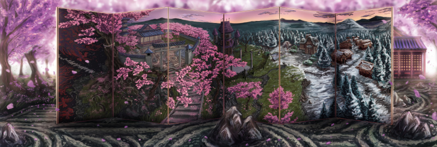 absurdres architecture cherry_blossoms clouds dusk east_asian_architecture forest gap gensoukyou hakugyokurou highres house huge_filesize incredibly_absurdres mansion mountain nature no_humans rock_garden ruins saigyou_ayakashi scenery sky snow stairs touhou tower tree village wallpaper zucreelo
