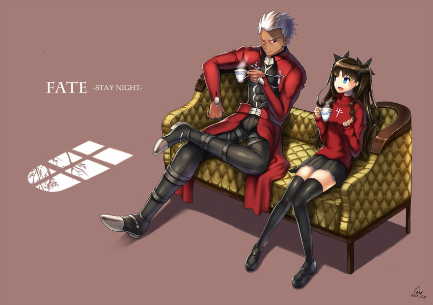 1boy 1girl archer blue_eyes brown_hair dark_skin fate/stay_night fate_(series) gia long_hair red_eyes thigh-highs tohsaka_rin toosaka_rin white_hair