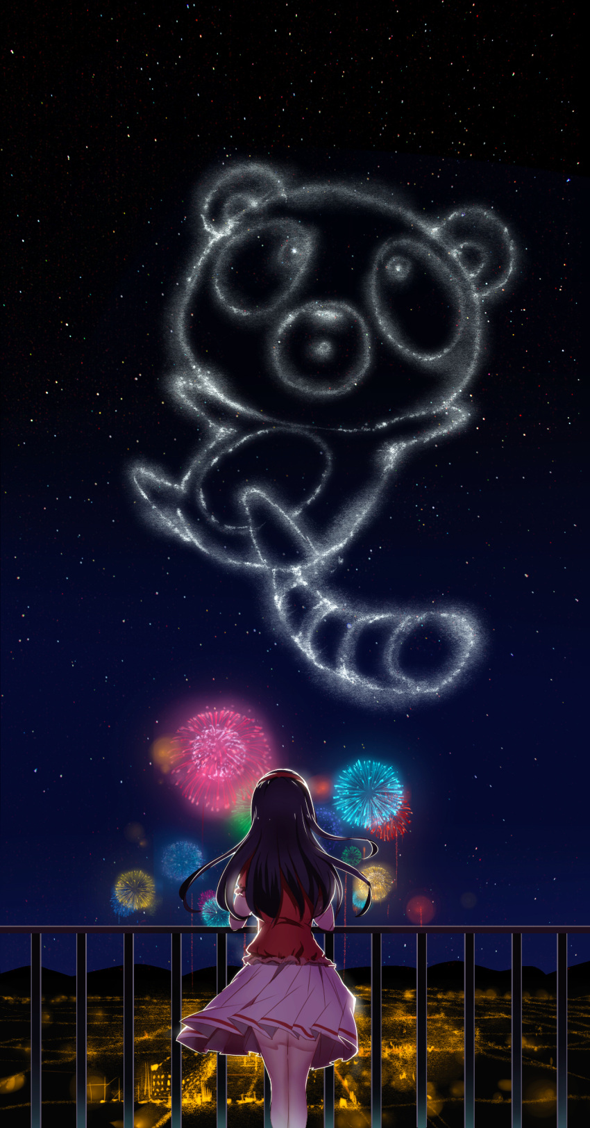 1girl absurdres aerial_fireworks black_hair far_eastern_funion fireworks gekkan_shoujo_nozaki-kun highres long_hair miyako_yukari night night_sky sky tanuki