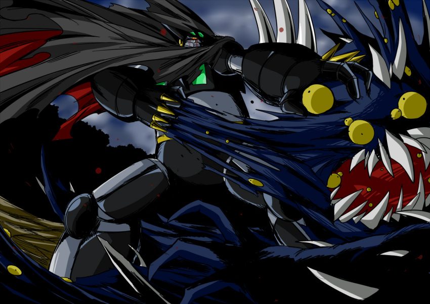 battle black_getter cape getter_robo mecha monster no_humans ripping shin_getter_robo shouji_2 spikes super_robot