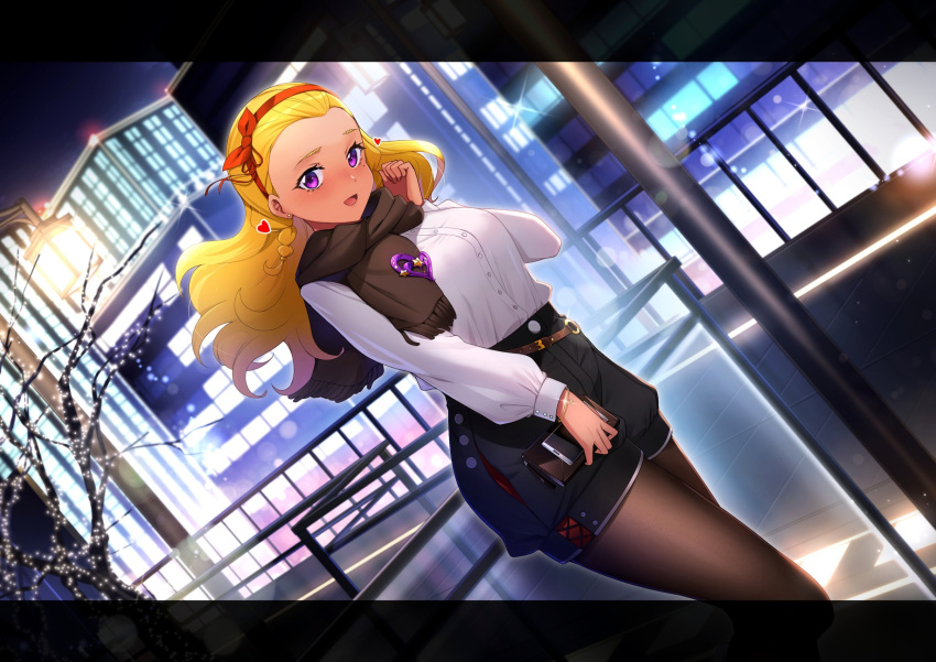 1girl :d amamiya_erena belt black_legwear black_shorts blonde_hair blush bow braid breasts brown_belt brown_scarf buttons christmas christmas_lights city commentary dark_skin dark-skinned_female dutch_angle earrings fence floating_hair forehead hair_bow hair_ribbon hairband hand_up heart highres holding holding_phone holding_wallet jewelry lamppost large_breasts letterboxed light_particles long_hair long_sleeves looking_at_viewer night night_sky nose_blush open_mouth outdoors pantyhose phone precure red_bow red_hairband red_ribbon ribbon rumo scarf shirt shorts sky smile solo sparkle spoken_heart star_(symbol) star_earrings star_twinkle_precure tree twin_braids violet_eyes walking white_shirt wristband