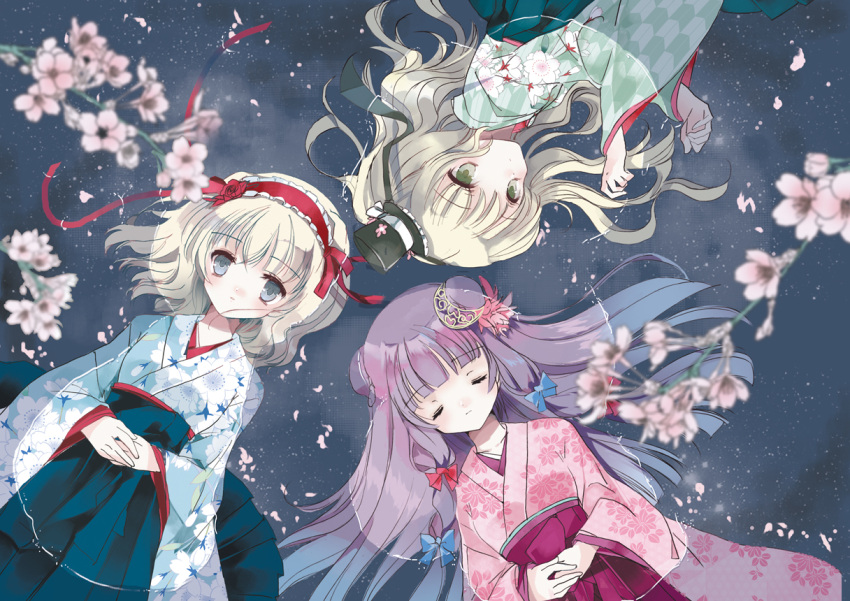 3girls alice_margatroid alternate_costume blonde_hair blue_eyes cherry_blossoms cierra_(ra-bit) closed_eyes double_bun floral_print flower from_above green_eyes hair_bun hair_flower hair_ornament hair_ribbon hairband hands_on_stomach hat japanese_clothes kimono kirisame_marisa lolita_hairband long_hair long_sleeves looking_at_viewer lying mini_top_hat multiple_girls obi on_back on_side partially_submerged patchouli_knowledge petals purple_hair ribbon sash top_hat touhou tress_ribbon twig very_long_hair water wide_sleeves