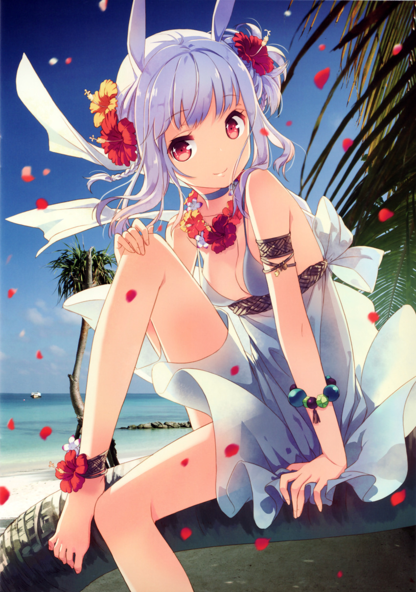 1girl absurdres animal_ears ankleband anklet arm_support armband barefoot beach blue_sky braid breasts choker cleavage dj_max dress flower flower_necklace h2so4 hair_flower hair_ornament hibiscus highres jewelry knee_up leg_up necklace ocean one_side_up palm_tree petals rabbit_ears red_eyes sitting sky smile solo strap_gap suee tree white_dress white_hair