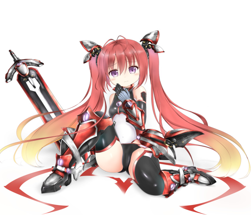 1girl bjmwtjam blonde_hair blush bodysuit gradient_hair hair_ornament long_hair looking_at_viewer mitsuka_souji multicolored_hair ore_twintail_ni_narimasu redhead simple_background sitting solo sword tail_red thigh-highs thighs twintails very_long_hair violet_eyes weapon white_background