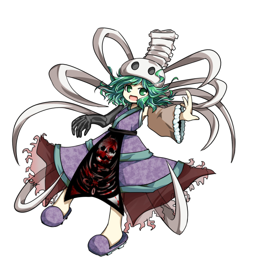 androgynous bone detached_sleeves green_eyes green_hair hair_ornament japanese_clothes kitsugai_sese len'en open_mouth outstretched_arms short_hair skull_hair_ornament smile