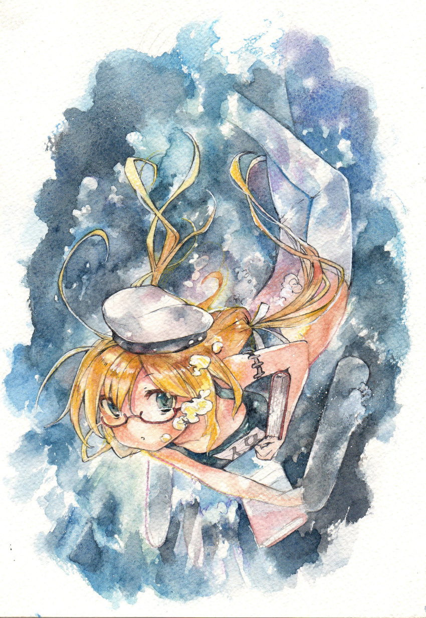 1044kiro 1girl :o absurdres armlet blonde_hair blue_eyes book bubble color_ink_(medium) colored_pencil_(medium) glasses hair_ribbon hat highres i-8_(kantai_collection) kantai_collection long_hair looking_at_viewer low_twintails name_tag ribbon sailor_hat school_swimsuit semi-rimless_glasses solo swimsuit thigh-highs traditional_media twintails underwater watercolor_(medium) white_legwear