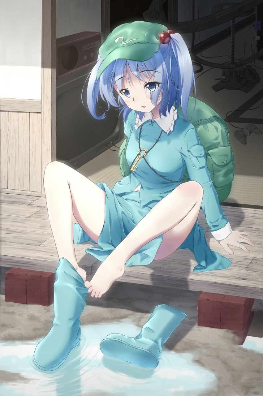 1girl absurdres arm_support armillary_sphere blue_eyes blue_hair boots boots_removed breasts cable case computer controller game_controller gamepad hair_bobbles hair_ornament hat hex_(tanhexun) highres kawashiro_nitori key long_sleeves open_mouth pocket puddle radio rubber_boots short_hair sitting skirt skirt_set solo touhou twintails veranda water