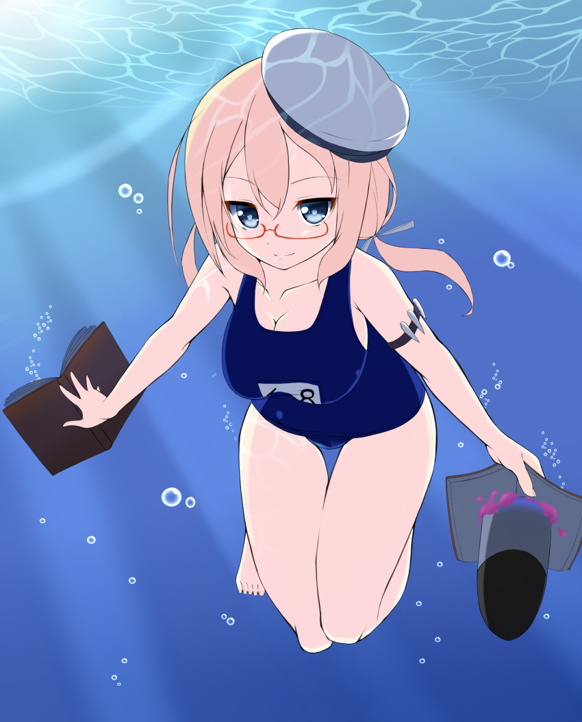 1girl bare_legs barefoot blonde_hair book breasts bubble collarbone glasses hat highres i-8_(kantai_collection) jito_(mesuki_nitouhei) kantai_collection long_hair looking_at_viewer red-framed_glasses school_swimsuit semi-rimless_glasses smile solo swimsuit thigh_gap torpedo under-rim_glasses underwear