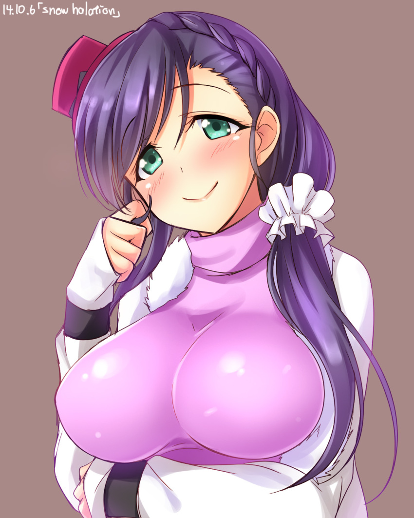 1girl aqua_eyes blush breasts bust dated fur_trim hat highres impossible_clothes large_breasts long_hair love_live!_school_idol_project purple_hair smile snow_halation solo toujou_nozomi twintails yu-ta