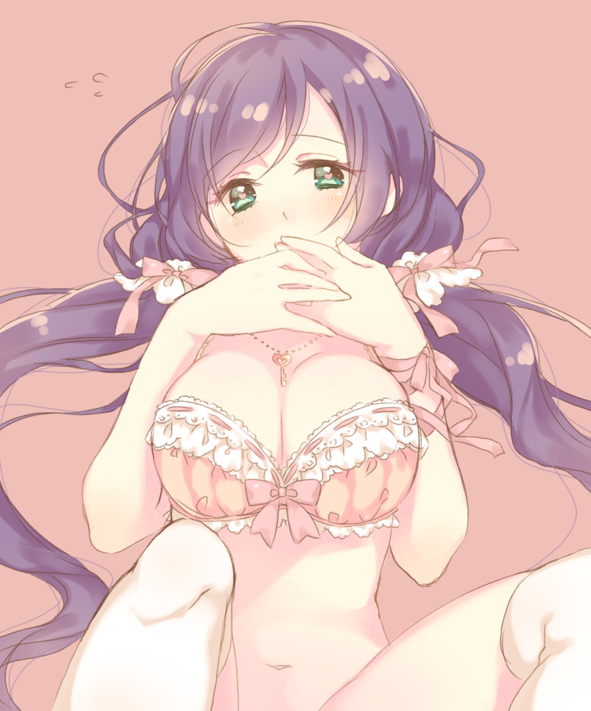 1girl aqua_eyes blush bra breasts covering_mouth flying_sweatdrops heart heart-shaped_pupils highres jewelry key large_breasts long_hair looking_at_viewer love_live!_school_idol_project navel necklace nerunnn orange_bra out_of_frame pink_background purple_hair ribbon solo symbol-shaped_pupils thigh-highs toujou_nozomi twintails underwear white_legwear