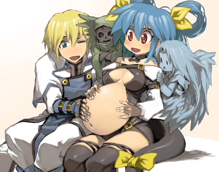 1girl asymmetrical_wings bare_shoulders blonde_hair blue_hair breasts center_opening couple detached_sleeves dizzy guilty_gear hand_on_own_belly happy happy_tears hetero ky_kiske necro one_eye_closed over-kneehighs pregnant red_eyes ribbon sitting tail tail_ribbon tears thigh-highs undine_(guilty_gear) wings ysk!