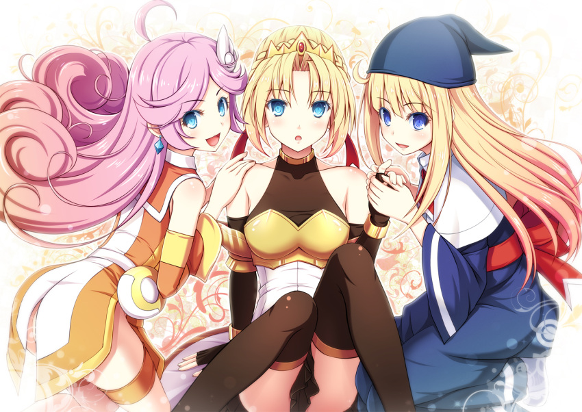 3girls :d :o ahoge akashio_(loli_ace) arm_support bare_shoulders black_gloves black_legwear blonde_hair blue_eyes blush character_request collarbone detached_sleeves earrings elbow_gloves fingerless_gloves gloves hat holding_hands jewelry long_hair looking_at_viewer multiple_girls open_mouth pink_hair puyopuyo puyopuyo_quest raffine_(puyopuyo) short_hair smile thigh-highs tiara witch witch_(puyopuyo)