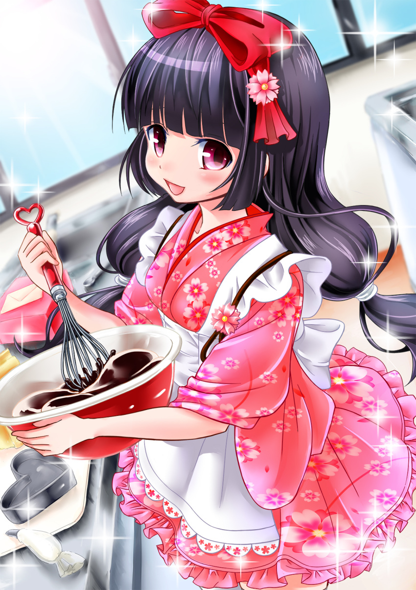 apron baking black_eyes black_hair blush girlfriend_(kari) long_hair morizono_mei ribbon twintails yukata