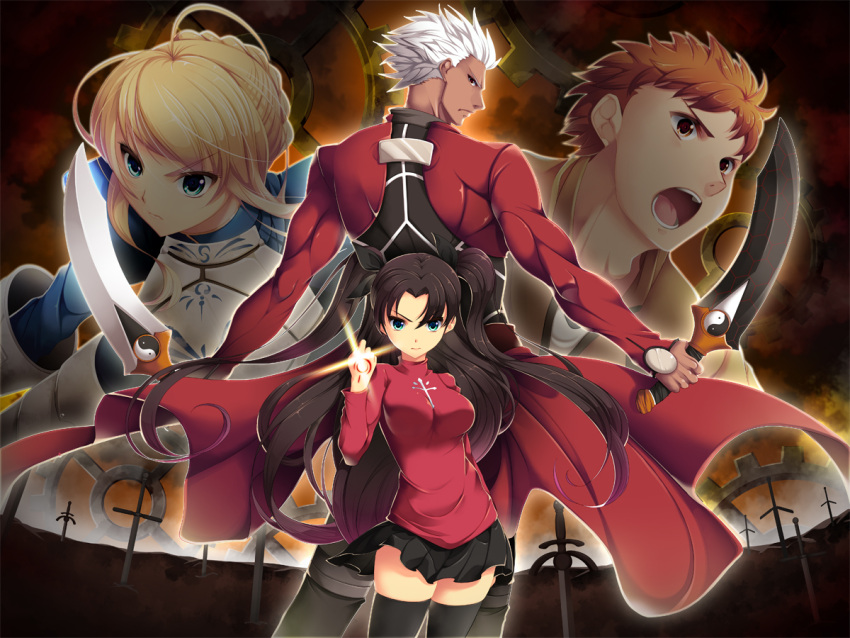 2boys 2girls archer blonde_hair command_spell dark_skin emiya_shirou fate/stay_night fate_(series) kanshou_&amp;_bakuya koflif multiple_boys multiple_girls orange_hair saber thigh-highs tohsaka_rin toosaka_rin unlimited_blade_works white_hair