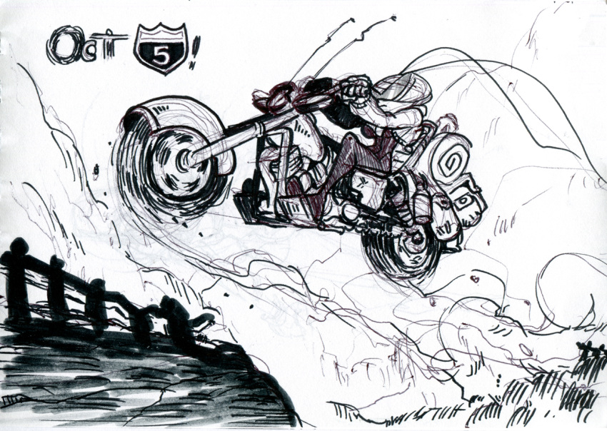 1girl alex_ahad antennae black_torch bodysuit breasts cleavage cropped_jacket driving fallout_(black_torch) kamina_shades large_breasts marker_(medium) monochrome motor_vehicle motorcycle short_hair traditional_media vehicle