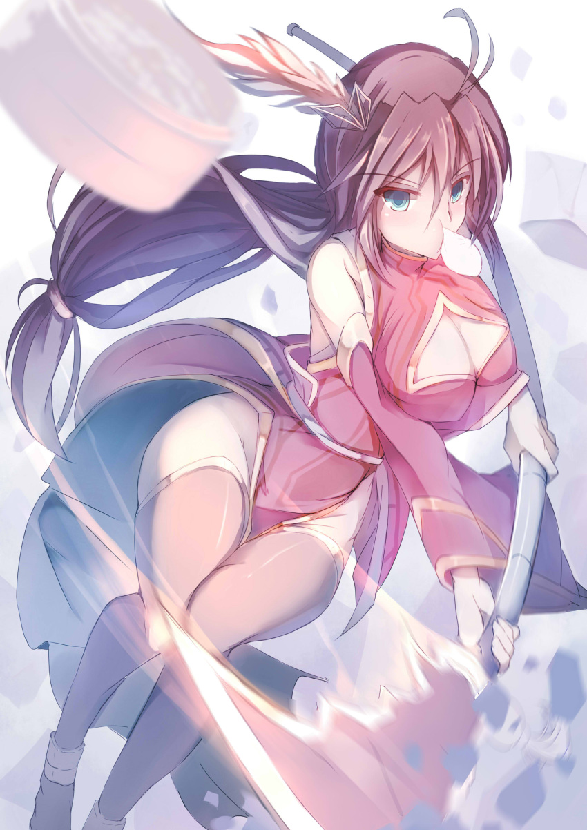 1girl absurdres ahoge bare_shoulders black_hair black_legwear blue_eyes blurry blush breasts china_dress chinese_clothes cleavage cleavage_cutout depth_of_field dress food food_in_mouth guan_yinping_(p&amp;d) hair_ornament highres holding holding_weapon lao_meng large_breasts long_hair low-tied_long_hair motion_blur mouth_hold naginata nikuman no_panties polearm puzzle_&amp;_dragons red_dress solo thigh-highs weapon