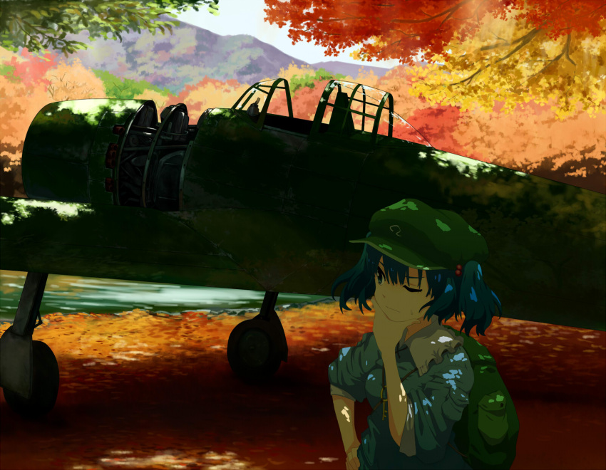 1girl aircraft airplane aqua_eyes autumn autumn_leaves backpack bag blue_eyes blue_hair bush clouds cloudy_sky field forest grass hair_bobbles hair_ornament hand_on_hip hand_on_own_cheek hand_on_own_chin hat highres kawashiro_nitori leaf light_rays maple_leaf maple_tree mountain nature one_eye_closed plant propeller puffy_short_sleeves puffy_sleeves reflection river rock scenery shadow shiratama_(hockey) shirt short_sleeves skirt sky sleeves_rolled_up smile solo stone sunlight sweatdrop touhou tree twintails water