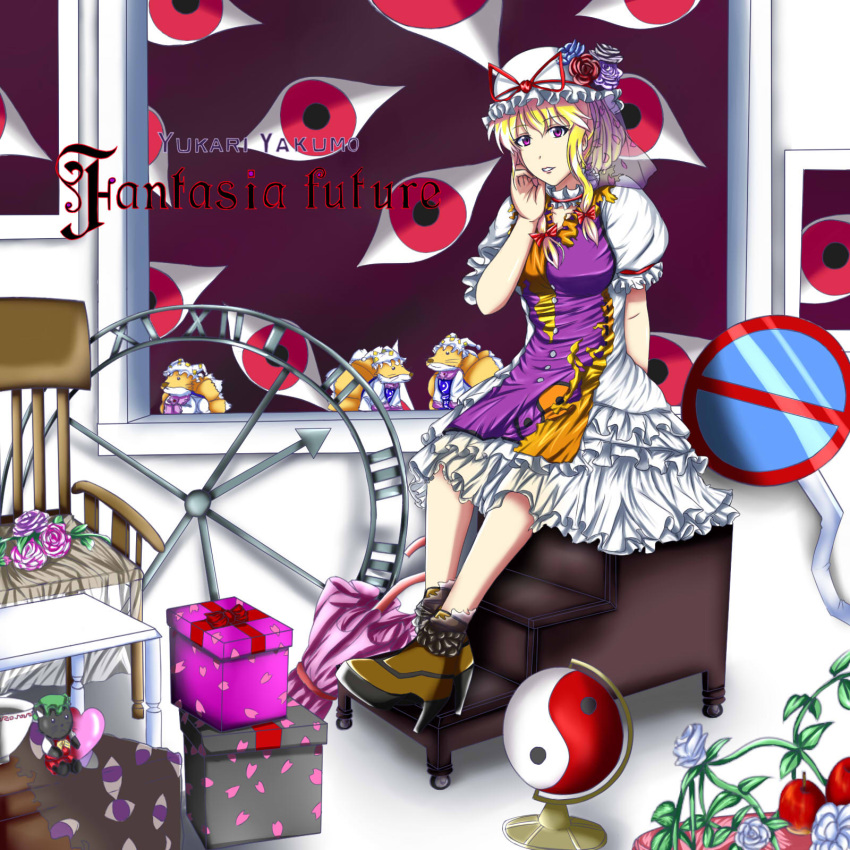 1girl adapted_costume apple black_rose blue_rose boots bow box breasts chair character_doll chen chen_(cat) choker clock cup dress english floral_print flower food frame fruit gap gift gift_box globe hair_bow hair_up hand_on_own_face hat_ornament heart high_heel_boots high_heels highres kyoukyan petals pink_rose purple_rose red_rose roman_numerals rose short_dress short_sleeves sign solo stairs tabard tagme title touhou umbrella veil white_dress yakumo_ran yakumo_ran_(fox) yakumo_yukari yin_yang