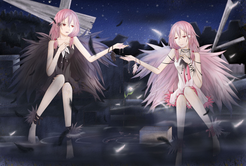 2girls angel_and_devil bare_shoulders barefoot breasts crying crying_with_eyes_open dual_persona guilty_crown hair_ornament hairclip highres long_hair multiple_girls noala partially_submerged pink_hair red_eyes tears twintails wings yuzuriha_inori